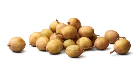 pile of ripe lanzones, lansium parasiticum, tropical fruit native to southeast asia, widely cultivate for small, round fruits its sweet and tangy flavor, isolated on white background
