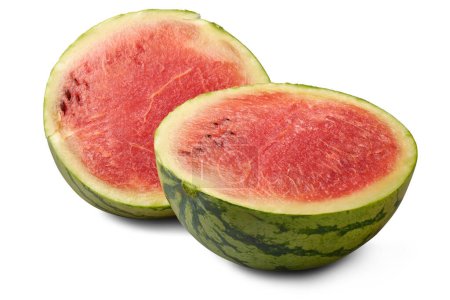 sliced fresh watermelon isolated white background, juicy nutritious warm season fruit cut in half