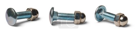 Photo for Stainless steel cup head nuts and bolts isolated white background, acorn or dome nuts durable corrosion resistance and strong fasteners used in various industries in different angles - Royalty Free Image