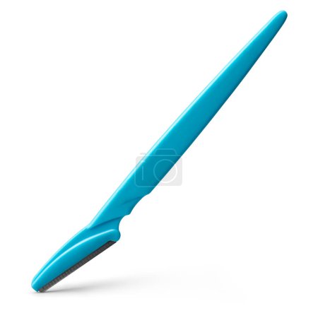 close-up of blue color eyebrow trimmer isolated white background with shadows, lightweight and easy to use grooming tool to shape and maintain eyebrows with precision