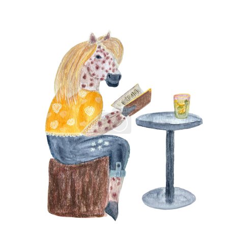 Pony liest ein Buch in einem Café Hand in Aquarell texturiert isoliert auf weiß gemalt. Hochwertige Illustration. Fun Animals Kollektion für Kleidung, Karten, Aufkleber, Poster, Handtaschen, Taschen und Boho Room Design. 