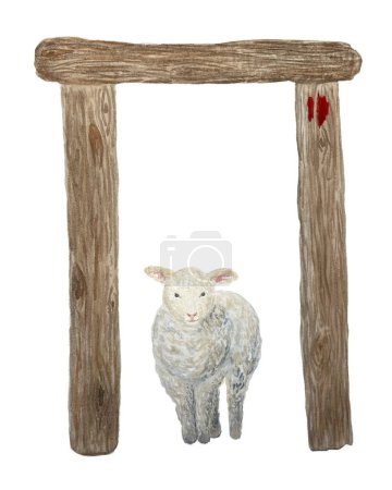 Photo for Watercolor lamb, doorjamb and blood isolated on white. Illustration for cards, posters, stickers, Easter, Passover, Holy Thursday, christening, baptism, church decor and design. - Royalty Free Image