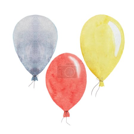 Juego de globos acuarela dibujado a mano aislado en blanco. Globos rojos amarillos y grises de alta calidad para cuadernos, tarjetas, cumpleaños, guías de celebraciones, pegatinas, paquetes, diseño de logotipo de carteles