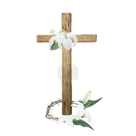 Acuarela cruz de madera, corona de espinas, composición de lirio aislado en blanco. Ilustración para tarjetas, pegatinas, Pascua, Pascua, Jueves Santo, bautismo de bautizo, decoración de la iglesia de la boda.