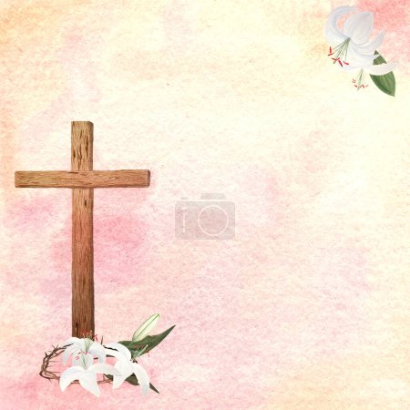 Watercolor wooden cross, crown of thorns, lily card isolated on white. Illustration for cards, invitations, template, Easter, Passover, Holy Thursday, christening baptism, wedding church decor design.