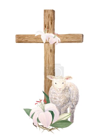 Watercolor wooden cross, lamb, crown of thorns, lily composition isolated on white. Illustration for cards, stickers, Easter, Passover, Holy Thursday, christening baptism, wedding church decor design.