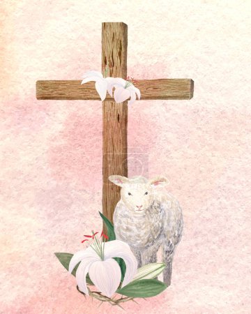 Watercolor wooden cross, lamb, crown of thorns, lily card on peach background. Illustration for invitations, Easter, Passover, Holy Thursday, christening baptism, wedding church decor design.