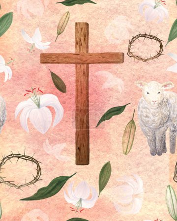 Watercolor wooden cross, crown of thorns, lily seamless pattern on peach background. Great for wrapping, scrapbook paper, Easter, Passover, Holy Thursday, christening baptism wedding church decor
