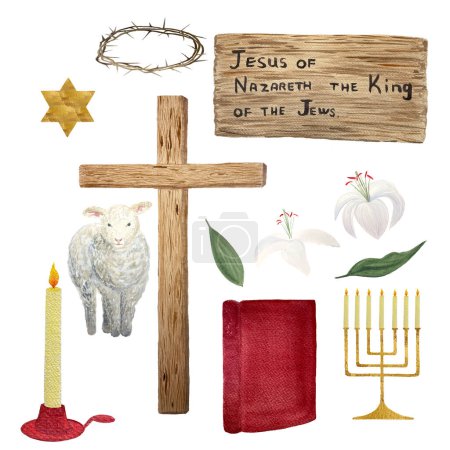 Watercolor wooden cross, lamb, crown of thorns, candle lily Bible candlestick isolated on white. Set for cards, posters, stickers, Easter Passover, Holy Thursday, wedding, baptism, church decor design
