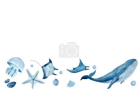 Watercolor high quality hand-drawn purple monochromatic sea creatures border on white. Blue whale, manta rays, shells, starfish. Great for textile, eco materials, room decor and design.