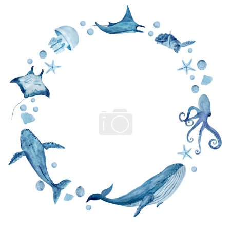 Watercolor high quality hand-drawn blue monochromatic sea creatures round frame on white. Blue whale, manta rays, shells, starfish. Great for textile, cards, eco materials, voyage tickets and ads