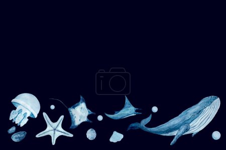Watercolor high quality hand-drawn purple monochromatic sea creatures border on dark blue background. Blue whale, manta rays, shells, starfish. Great for textile, eco materials, room decor and design.