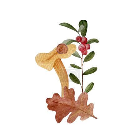 Wilde Pfifferlinge Pilze mit Preiselbeerzweig Aquarell Komposition isoliert auf weiß. Handgezeichnete Kunst mit essbaren Waldpflanzen im einfachen flachen Stil für Waldkinder Designs, Etiketten, Verpackungen