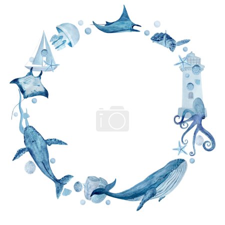 Sea Life Aquarell blau monochromatische runde Rahmen isoliert auf weiß. Hochwertiger handgezeichneter Kranz. Ideal für Textilien, Souvenirs, Poster, Tickets, Öko-Materialien, Karten Dekor und Design.