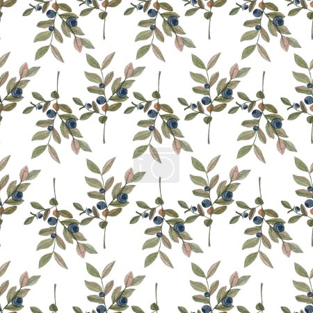 Blueberry sprig watercolor seamless pattern isolated on white. Hand drawn high quality art. Wild edible forest plant in simple flat style for woodland designs, wrapping paper, textile, packages design