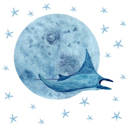 Watercolor high quality hand-drawn manta ray, starfish and a moon composition isolated on white. High quality monochromatic illustration for notebooks, posters, tote bags, cards, eco, room decor and