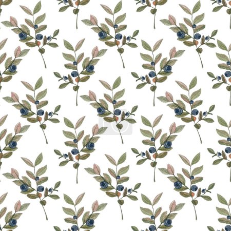 Blueberry sprig watercolor seamless pattern isolated on white. Hand drawn high quality art. Wild edible forest plant in simple flat style for woodland designs, wrapping paper, textile, packages design
