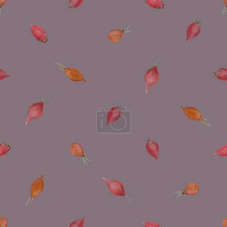 Rose-hip watercolor seamless pattern on muted purple. Hand drawn high quality dot pattern. Wild edible forest plant in a simple flat style for woodland designs, wrapping paper, textile and packages.