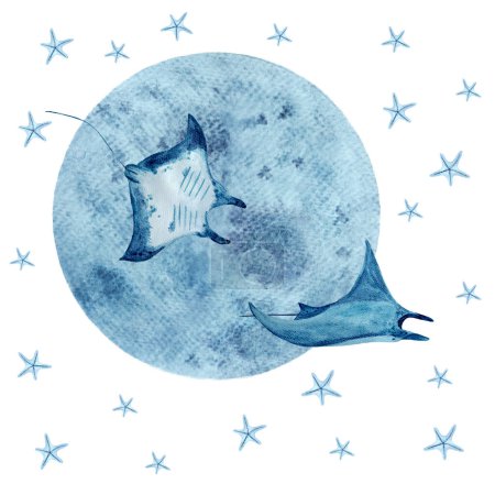 Watercolor high quality hand-drawn manta ray, starfish and a moon composition isolated on white. High quality monochromatic illustration for notebooks, posters, cards, eco, room decor and design.