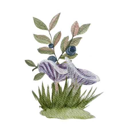 Wilde lila Pilze mit einem Zweig Blaubeere Aquarell Komposition isoliert auf weiß. Handgezeichnete Kunst mit essbaren Waldpflanzen im einfachen flachen Stil für Waldkinder, beschriften Lebensmittelverpackungen