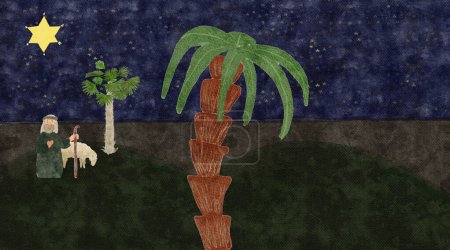 Weihnachtskarte. Ein Kunstwerk, das einen Schäfer zeigt, der neben einer hohen Palme in einer natürlichen Landschaft steht. Die Szene beinhaltet Gras, eine blühende Pflanze und vermittelt ein Gefühl von Ruhe und Frieden.