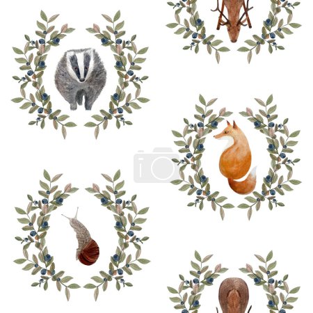Stag, fox, badger, snail blueberry wreath watercolor seamless pattern isolated on white. Hand drawn high quality art in simple flat style for woodland kids designs, textile, decor stickers and cards.