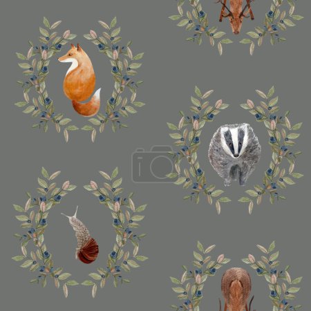 Stag, fox, badger, snail blueberry wreath watercolor seamless pattern on warm grey. Hand drawn high quality art in simple flat style for woodland kids designs, textile, decor stickers and cards.