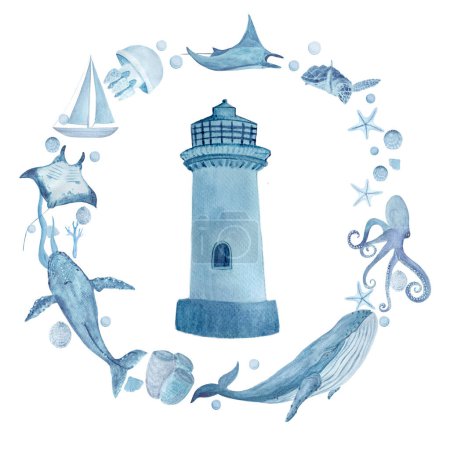 Leuchtturm-Aquarell blau monochromatische runde Komposition isoliert auf weiß. Hochwertiger handgezeichneter Kranz. Ideal für Textilien, Souvenirs, Poster, Tickets, Öko-Materialien, Karten Dekor und Design.