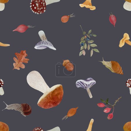 Porcini wild mushroom watercolor seamless pattern on grey background. Hand drawn high quality art with wild edible forest plant in simple flat style for woodland kids designs, wallpaper, food packages