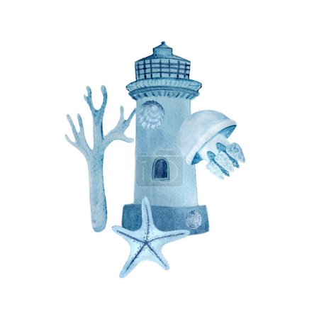 Foto de Acuarela pintada a mano faro azul estrella de mar y una composición de medusas aisladas en blanco. Ilustración monocromática de alta calidad para tarjetas, diseño turístico, guías, mapas, libros y decoración de habitaciones. - Imagen libre de derechos