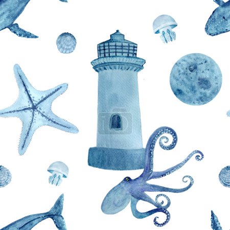 Téléchargez les photos : Phare de la vie marine aquarelle bleu motif sans couture monochromatique isolé sur blanc. Art dessiné à la main de haute qualité. Idéal pour le textile, souvenirs, affiches, papier peint, papier d'emballage, éco-matériaux - en image libre de droit