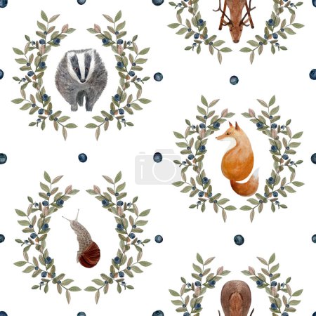 Elegant stag, fox, badger, snail blueberry wreath watercolor seamless pattern isolated on white. Hand drawn high quality art in flat style for woodland kids designs, textile, decor stickers and cards.
