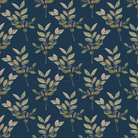 Blueberry sprig watercolor seamless pattern on dark blue background. Hand drawn high quality art. Wild edible forest plant in simple flat style for woodland designs, textile, cards, packages design.