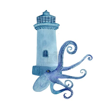 Watercolor hand painted blue lighthouse and an octopus composition isolated on white. High quality monochromatic illustration for cards, banners, tourism design, guides, maps, books and room decor.
