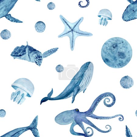 Téléchargez les photos : Sea life texturé aquarelle bleu motif monochromatique sans couture isolé sur blanc. Art dessiné à la main de haute qualité. Idéal pour le textile, souvenirs, affiches, papier peint, papier d'emballage, conception de matériaux écologiques. - en image libre de droit