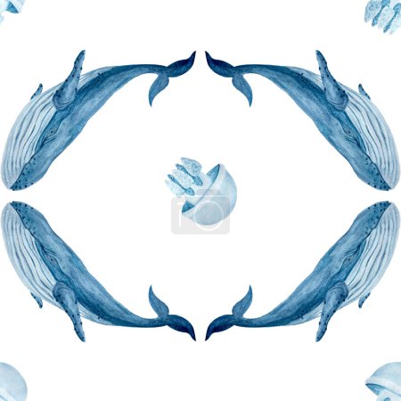 Téléchargez les photos : Méduses baleine bleue motif sans couture dessiné à la main dans l'aquarelle isolée sur blanc. Art monochromatique de haute qualité pour ordinateurs portables, affiches, papier peint, papier d'emballage, éco, tourisme, décoration et design de chambre. - en image libre de droit