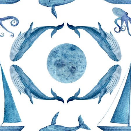 Téléchargez les photos : Baleine bleue lune motif sans couture aquarelle isolé sur blanc. Illustration monochrome dessinée à la main de haute qualité pour carnets, affiches, papier peint, papier d'emballage, éco, tourisme, décoration et design de chambre - en image libre de droit