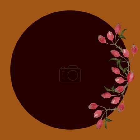 Photo for Rose hip sprig watercolor rich brown round frame . Hand drawn high quality art with wild edible forest plants in simple flat style for woodland designs, cards, label, logo, food packages design. - Royalty Free Image