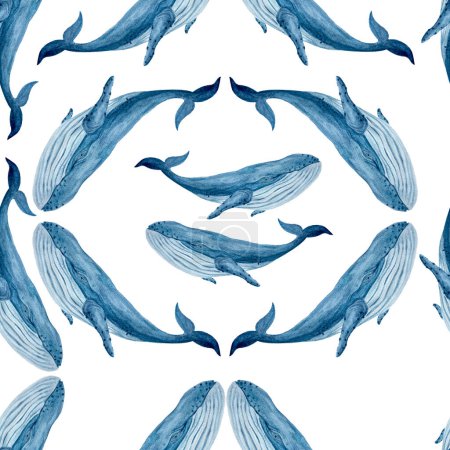 Téléchargez les photos : Baleine bleue motif sans couture dessiné à la main dans l'aquarelle isolée sur blanc. Illustration monochrome de haute qualité pour carnets, affiches, papier peint, papier d'emballage, éco, carreaux de salle de bains et rideaux. - en image libre de droit