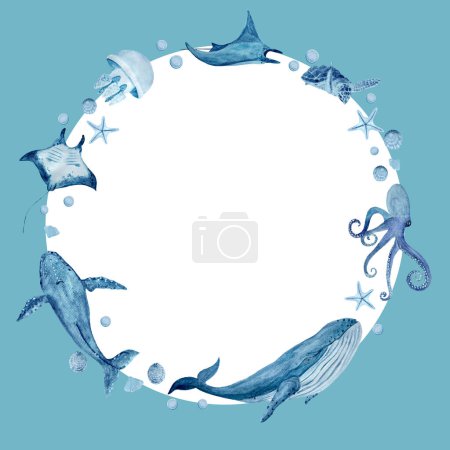 Wasserfarbe hochwertige handgezeichnete blaue monochromatische Meeresbewohner runden Rahmen auf weiß. Blauwal, Mantarochen, Seesterne. Ideal für Textilien, Karten, Öko-Materialien, Fahrkarten, Anzeigendekor, Design.