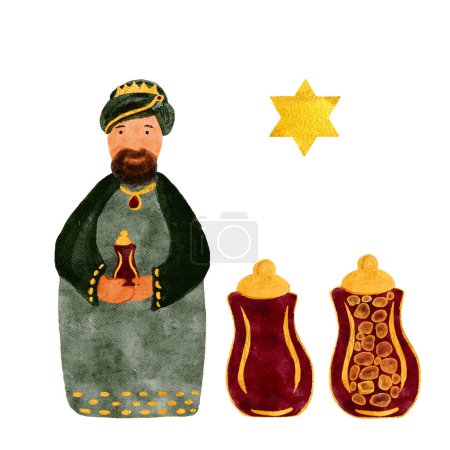 Wise man gifts frankincense Christmas set hand painted digital watercolor. High quality illustration for cards, stickers, posters, celebration of true Christmas, decoration. Cute minimalistic clip art