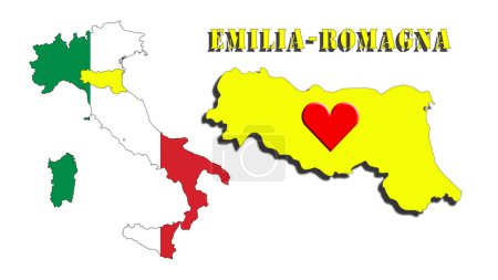 Foto de Emilia romagna with silhouette of the italian region text and heart with neutral background. In the heart of the Italians. reconstruction news. Italy follows and supports the region affected by the flood. Solidarity, 3d illustration. - Imagen libre de derechos