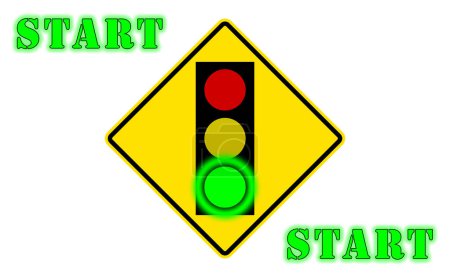 traffic light, with green light, highlighted and written "start". graphic image of road sign.