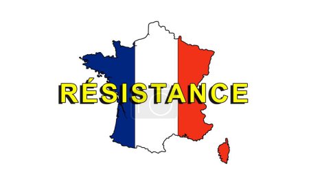 Frankreich in der Silhouette mit den Farben der Flagge und dem Namen des Widerstandes, den Werten der Franzosen, Demokratie, Gleichheit, Befreiung von jeglicher Unterdrückung. Widerstand leisten, immer und in jedem Fall, gegen Widrigkeiten und Ungerechtigkeiten. Nachrichten, Opposition,