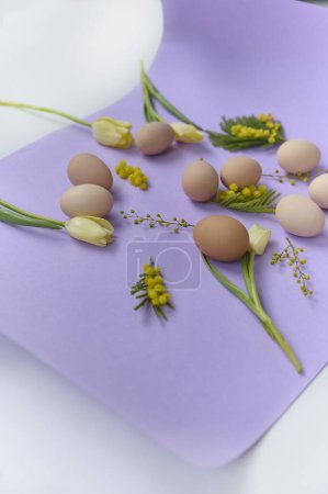 Foto de Bright composition of chiken eggs and yellow tulips on a purple background - Imagen libre de derechos