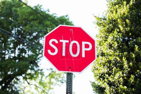 Téléchargez les photos : Le panneau rouge indique la prudence, la sécurité, la maîtrise et l'impératif de s'arrêter ou de s'arrêter afin de prévenir les accidents ou les dangers - en image libre de droit