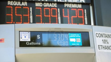 Photo for Gas station price display showing soaring numbers, symbolizing the impact of gas prices inflation, financial strain, and rising living costs in modern society - Royalty Free Image