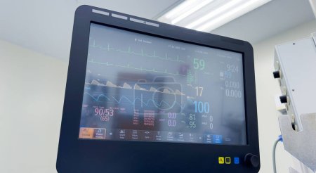 Photo for Medical vital signs monitor displaying critical health metrics - blood pressure, pulse, temperature, CO2, and heart rate, symbolizing patient well-being and healthcare monitoring - Royalty Free Image