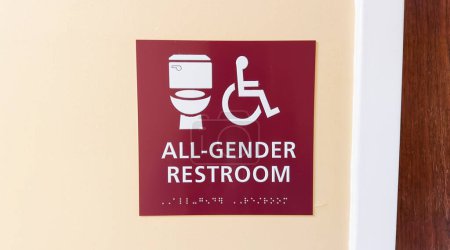 Foto de Letrero de baño que representa los iconos de género de una mujer y un hombre, simbolizando las cuestiones sociales que rodean la identidad de género y la inclusión - Imagen libre de derechos