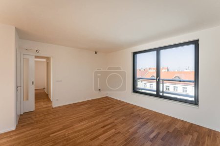 Photo for Empty room with city view in window. Interior design. 3d rendering - Royalty Free Image
